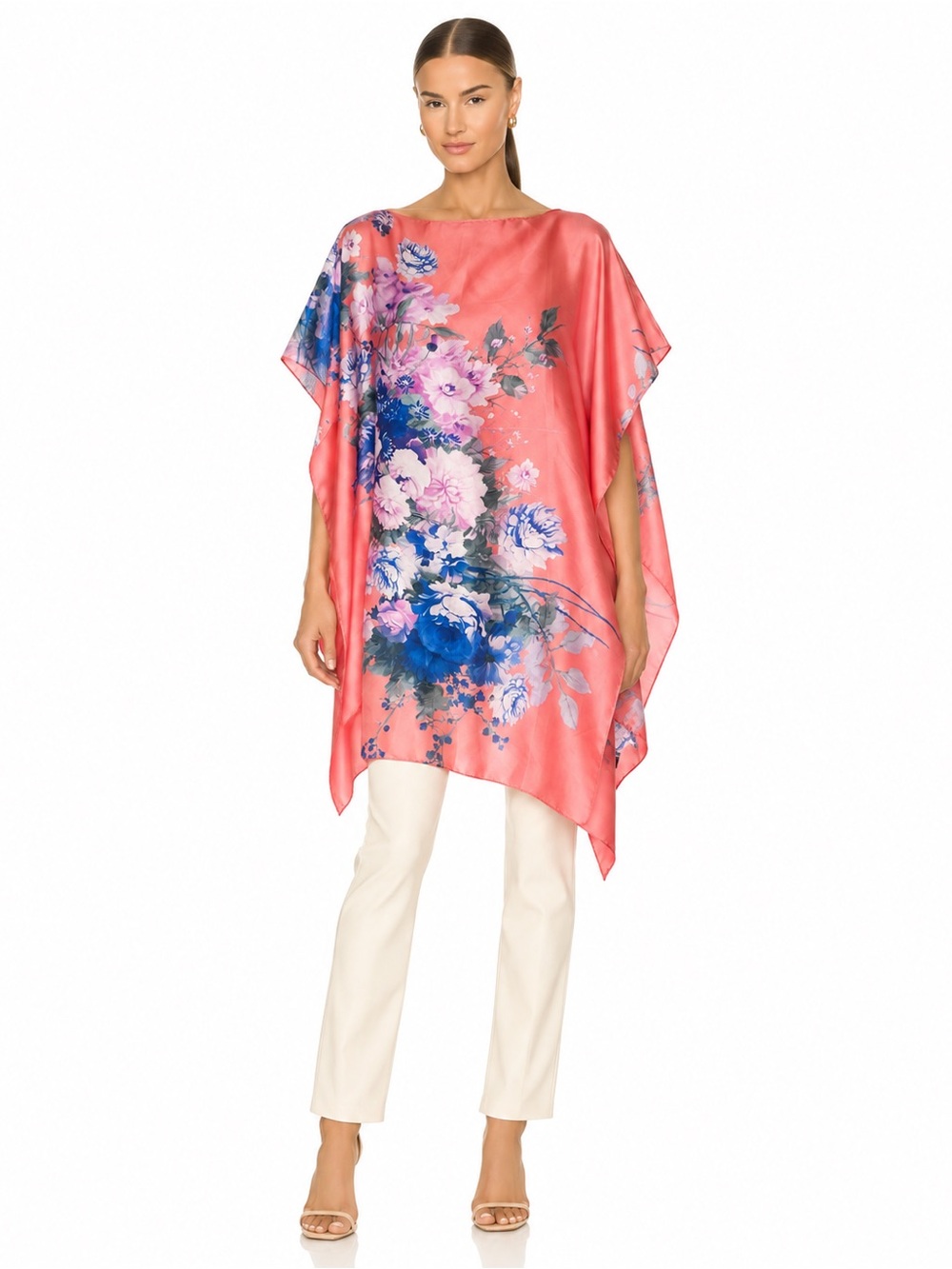 Floral Coral Satin Poncho Top - Women's